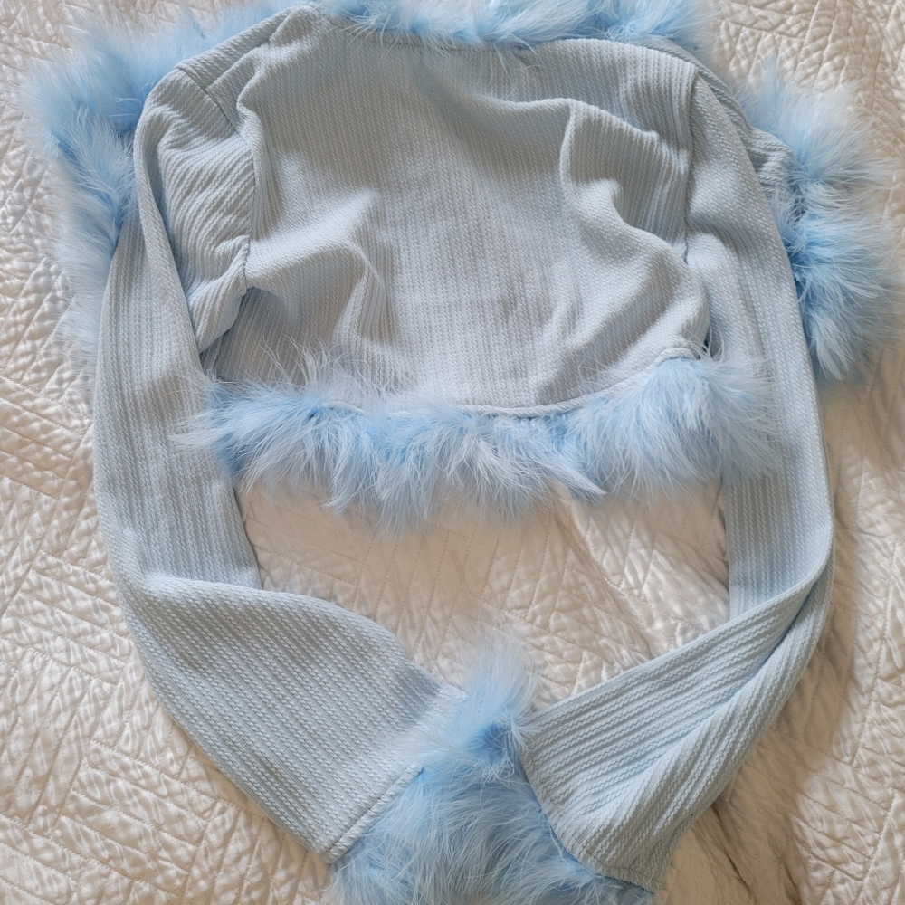 Powder Blue Feather Trim Ribbed Cardigan Size S Vintage Glam - Picture 4 of 5